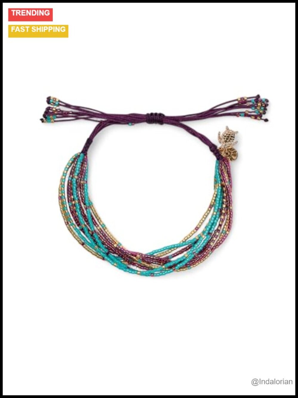 9-Strand Glass Bead Adjustable Bracelet, Handcrafted with Turtle Charm